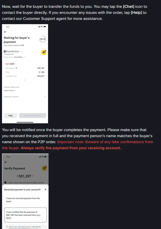 Ukurasa wa msaada wa Binance kuhusu kuuza crypto kwa P2P: skrini ya kusubiri malipo ya mnunuzi, onyo jekundu la kujihadhari na uthibitisho bandia na kuthibitisha malipo kwenye akaunti yako mwenyewe, na skrini ya Verify Payment