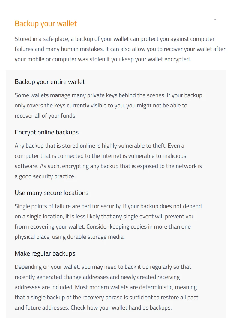 bitcoin.org 钱包安全页的 Backup your wallet 一节：备份整个钱包、在线备份要加密、在多个安全地点保存副本、定期备份