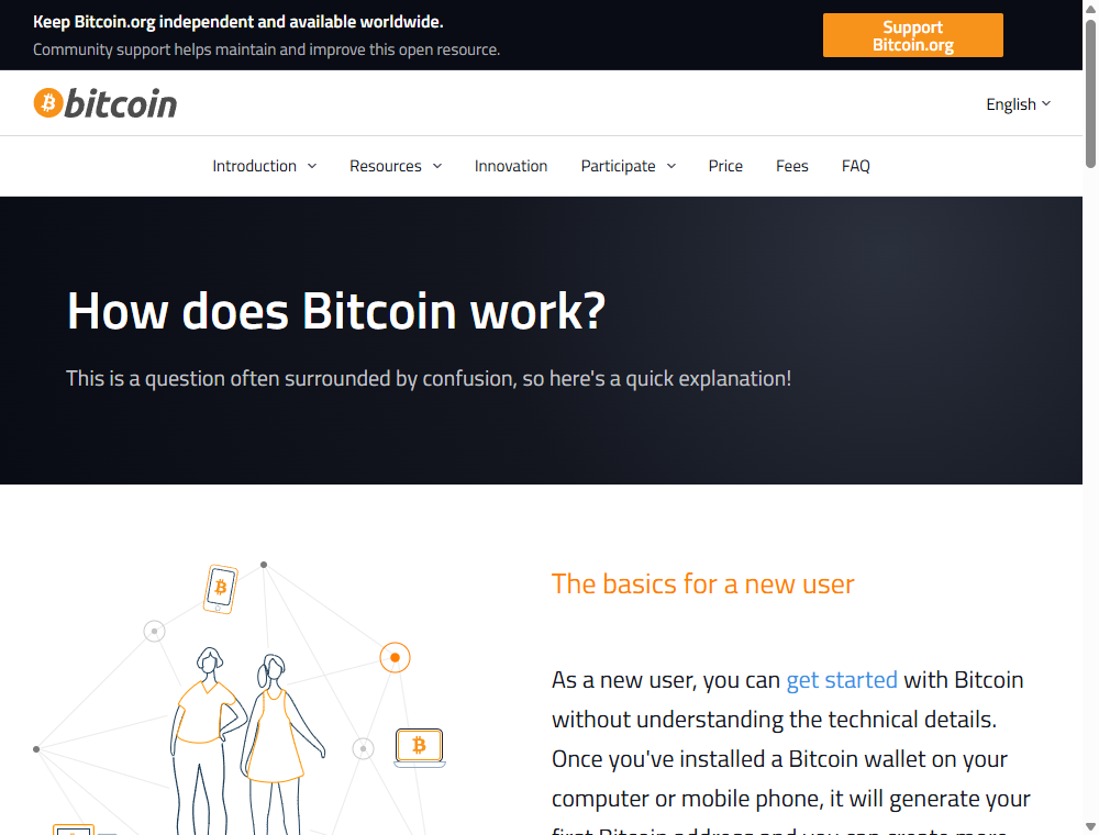 bitcoin.org 官方站的「How does Bitcoin work?」页面截图