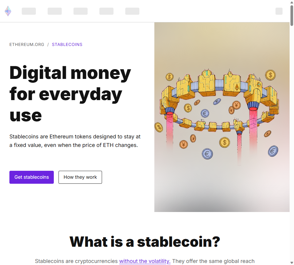 ethereum.org 官方站的稳定币说明页，介绍稳定币如何维持价格稳定