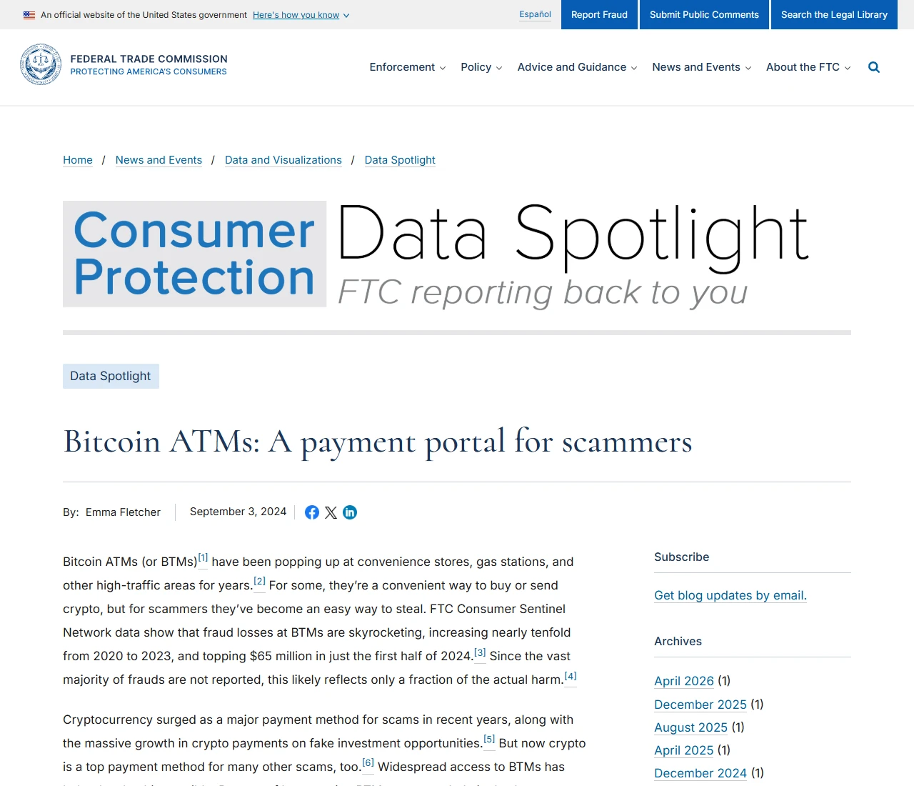 美国联邦贸易委员会 FTC 的数据报告页面《Bitcoin ATMs: A payment portal for scammers》,发布于 2024 年 9 月 3 日,开头写到比特币 ATM 的诈骗损失从 2020 年到 2023 年增长近十倍