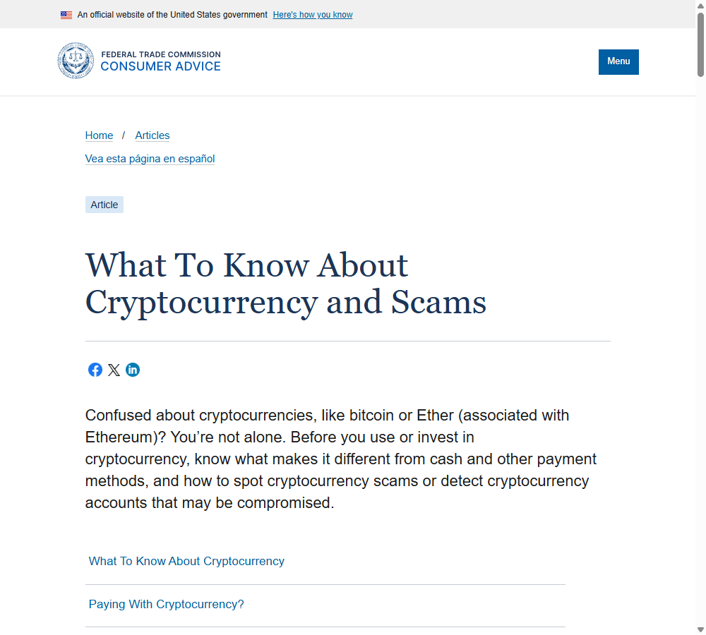 美国联邦贸易委员会(FTC)消费者保护站的「加密货币与诈骗」提示页