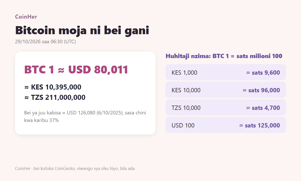 Bei ya bitcoin moja tarehe 29 Oktoba 2026: takriban dola 80,011, KES milioni 10.4 au TZS milioni 211; BTC 1 ni sats milioni 100; KES 1,000 inanunua takriban sats 9,600; bei ya juu kabisa takriban dola 126,080 tarehe 6 Oktoba 2025